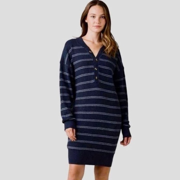 Prana Dresses & Skirts - PrAna Milani Henley Waffle Knit Nautical Stripe Sweater Dress Blue NEW Size M